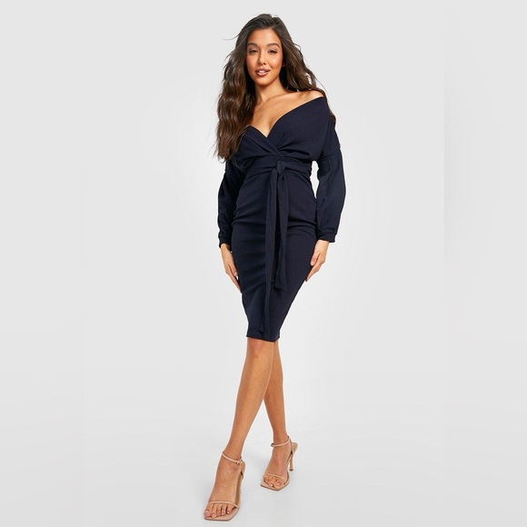 Navy Long Sleeve Off-Shoulder Dress - Picture 1 of 4